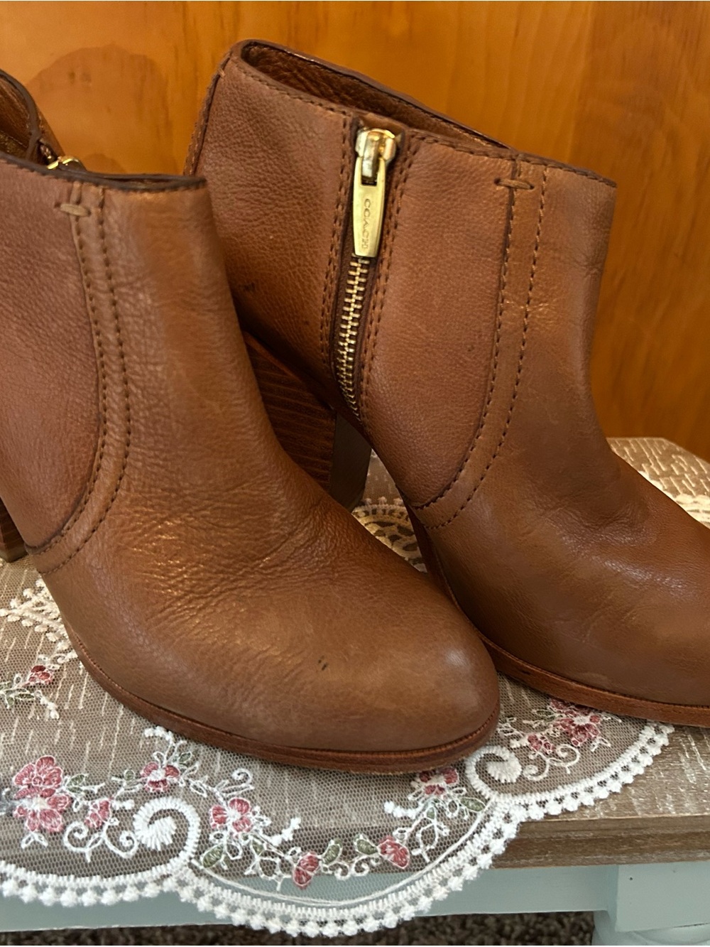 Coach Tan Leather Ankle Booties with Gold Zip